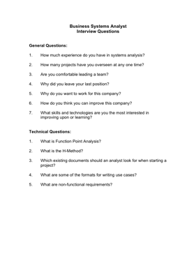 Business Systems Analyst Interview Questions Business Form Template