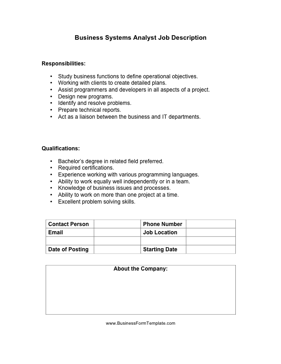 Business Systems Analyst Job Description Business Form Template