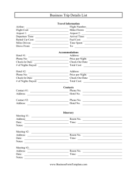 Business Trip Details List Business Form Template