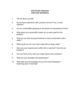 Call Center Operator Interview Questions Business Form Template