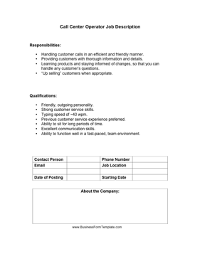 Call Center Operator Job Description Business Form Template