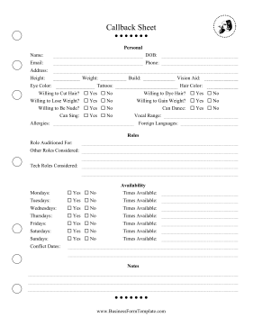 Callback Sheet Business Form Template