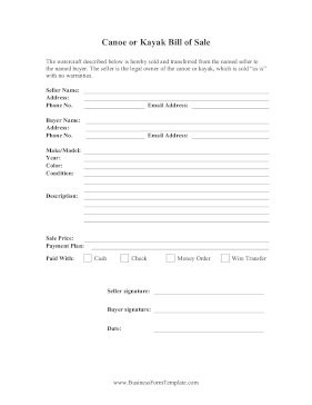 Canoe Or Kayak Bill Of Sale Business Form Template