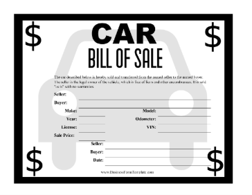 Car Bill Of Sale Certificate Business Form Template