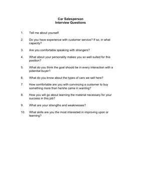 Car Salesperson Interview Questions Business Form Template