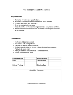 Car Salesperson Job Description Business Form Template