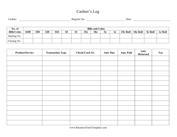 Cash Register Log Business Form Template