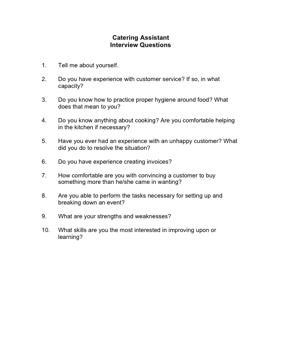 Catering Assistant Interview Questions Business Form Template