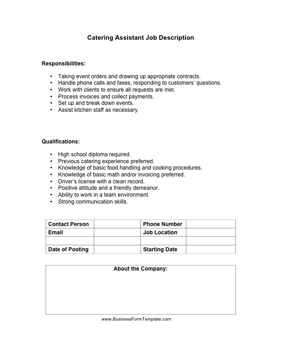 Catering Assistant Job Description Business Form Template