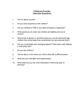 Childcare Provider Interview Questions Business Form Template