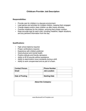 Childcare Provider Job Description Business Form Template