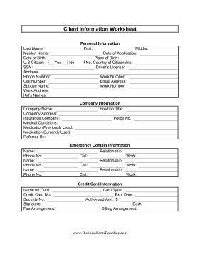 Client Information Worksheet Business Form Template