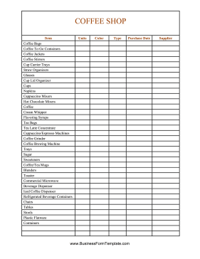 Coffee Shop Items Inventory Card Business Form Template