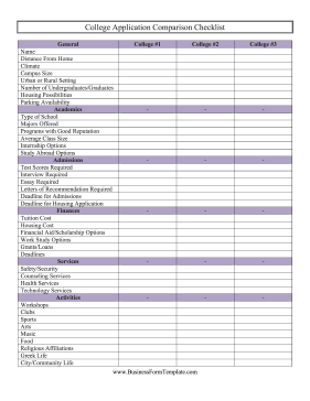 College Application Comparison Checklist Business Form Template