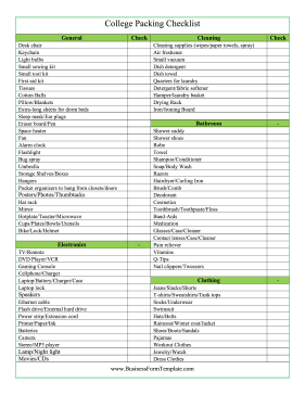 College Packing Checklist Business Form Template