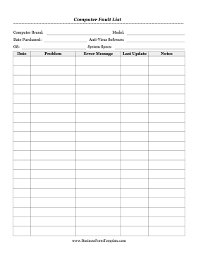 Computer Fault List Business Form Template