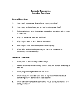 Computer Programmer Interview Questions Business Form Template