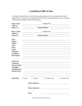 Conditional Bill Of Sale Business Form Template