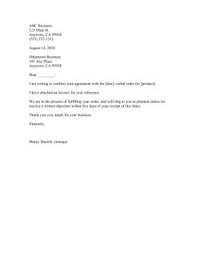 Letter to Confirm Verbal Order Business Form Template