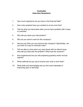 Controller Interview Questions Business Form Template