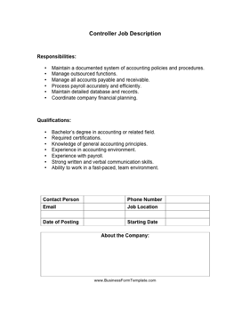 Controller Job Description Business Form Template