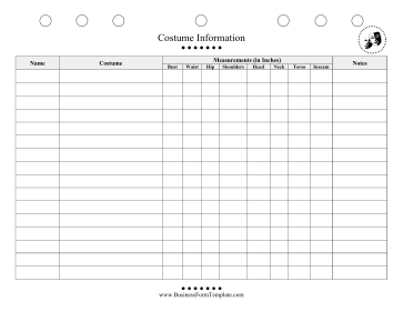 Costume Information Sheet Business Form Template
