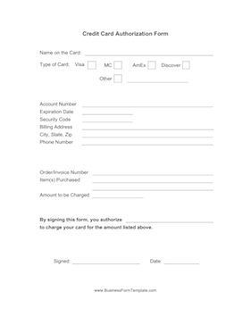 Credit Card Authorization Form Business Form Template