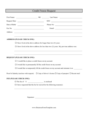 Credit Freeze Request Business Form Template