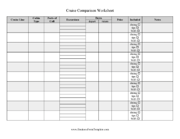 Cruise Comparison Worksheet Business Form Template