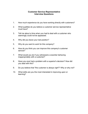 Customer Service Representative Interview Questions Business Form Template