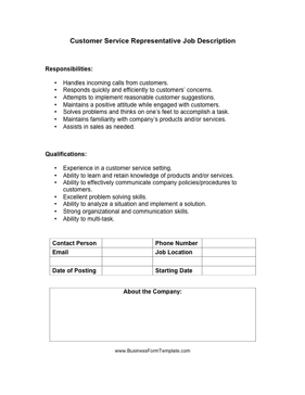 Customer Service Representative Job Description Business Form Template