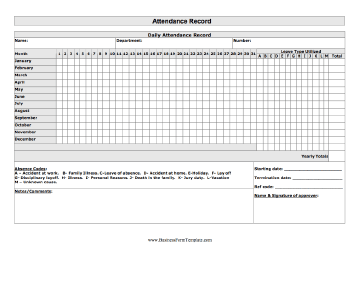 Attendance Record Business Form Template