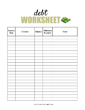 Debt Worksheet Business Form Template