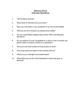 Delivery Driver Interview Questions Business Form Template