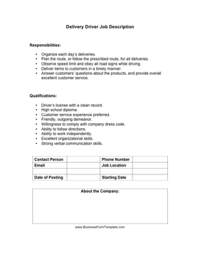 Delivery Driver Job Description Business Form Template