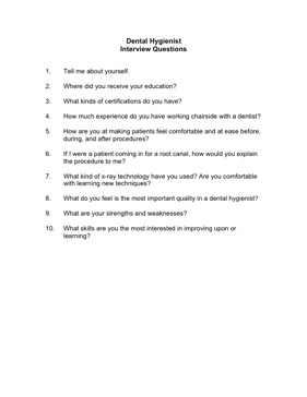 Dental Hygienist Interview Questions Business Form Template