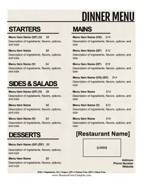 Dinner Menu Business Form Template