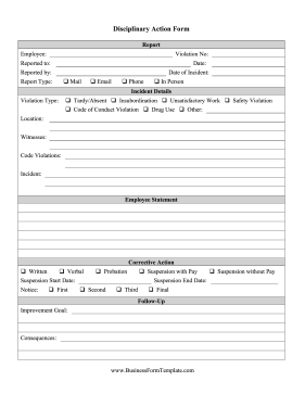 Disciplinary Action Form Business Form Template