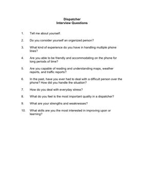 Dispatcher Interview Questions Business Form Template