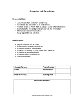 Dispatcher Job Description Business Form Template