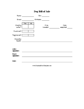Dog Bill of Sale Business Form Template