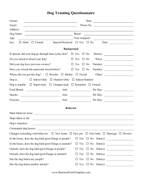 Dog Training Behavior Questionnaire Business Form Template