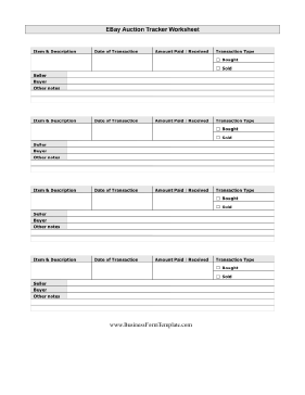 Ebay Auction Worksheet Business Form Template