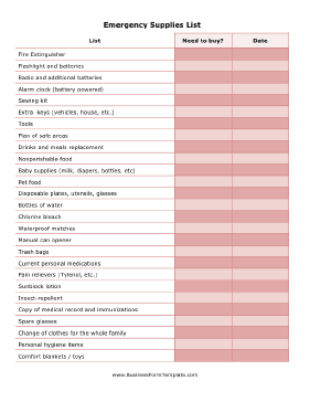 Emergency Supplies List Business Form Template