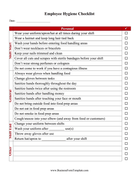 Employee Hygiene Checklist Business Form Template