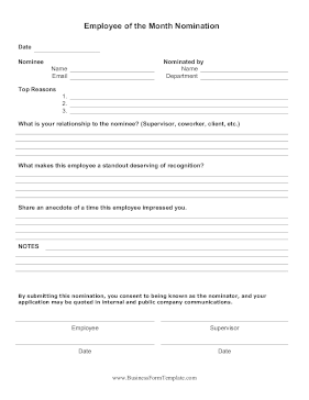 Employee Of The Month Nomination Form Business Form Template