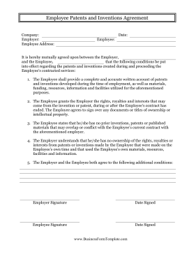 Employee Patents And Inventions Agreement Business Form Template