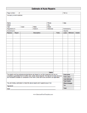 Estimate Of Auto Repairs Business Form Template