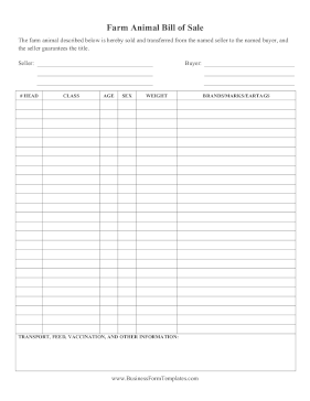 Farm Animal Bill Of Sale Business Form Template