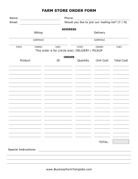 Farm Store Order Form Business Form Template
